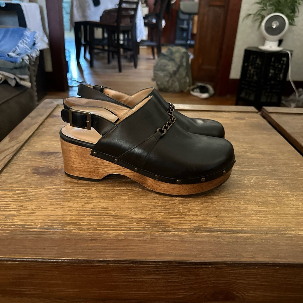 Anthropologie Black Leather Mules with Chain Accent